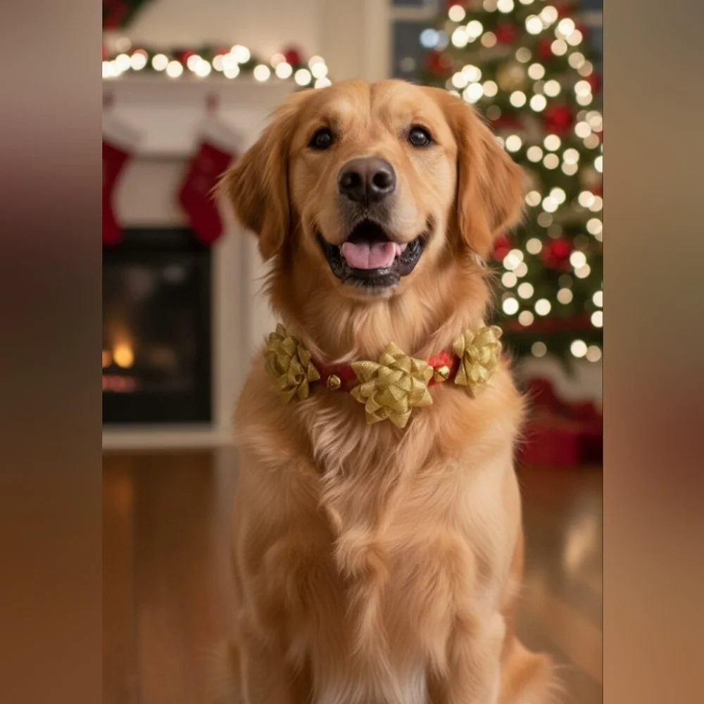 Festive Red & Gold Floral Jingle Bell Dog Collar - Christmas Holiday Size M/L